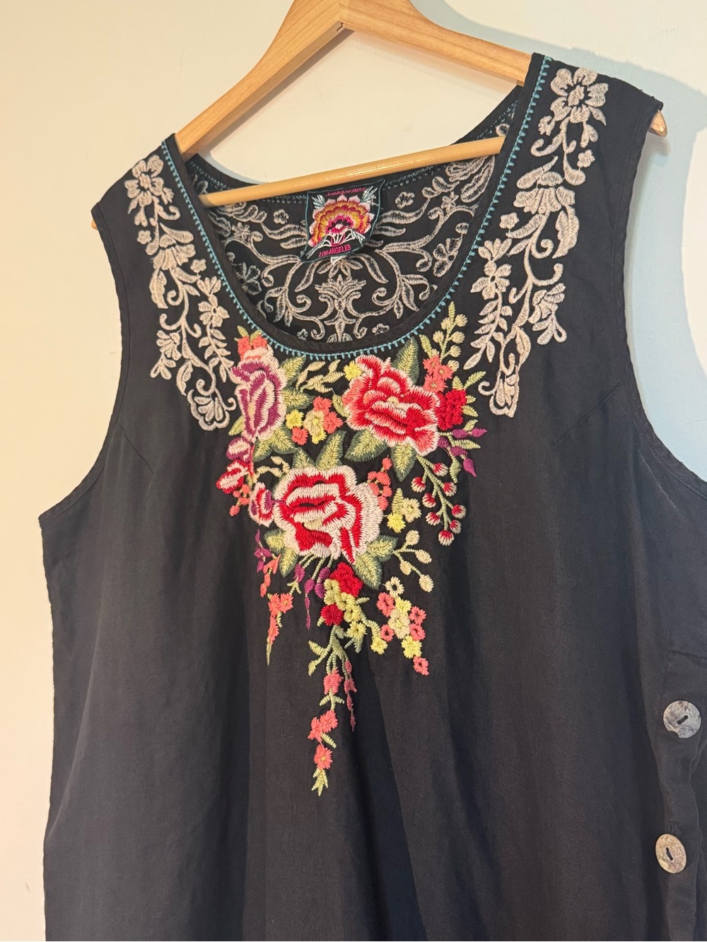 Johnny Was Los Angeles 100% Linen Floral Embroidered Sleeveless Dress XXL Black - Picture 5 of 9